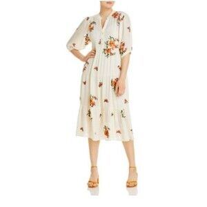 Women’s XL Gauzy Ivory Floral Henley Tiered 3/4 Sleeve Midi Dress Resort style‎